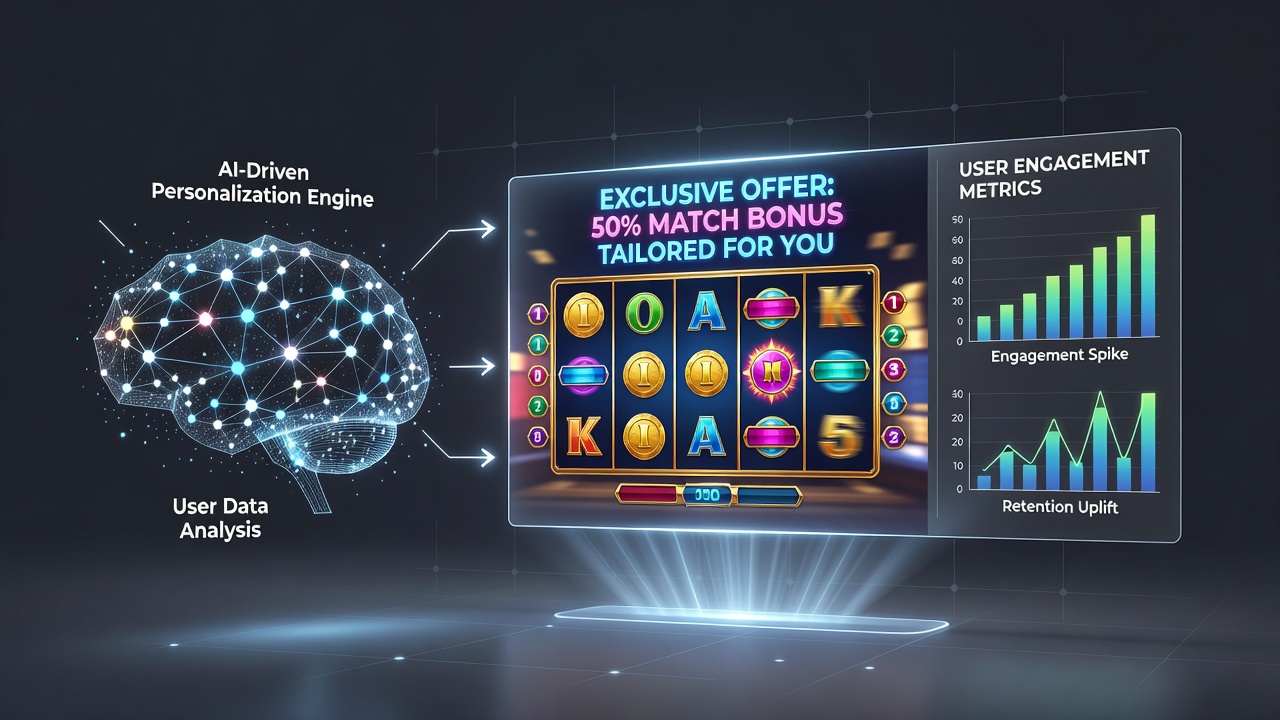 Video slot gameplay screen showing a tailored promotional bonus notification triggered by AI analysis