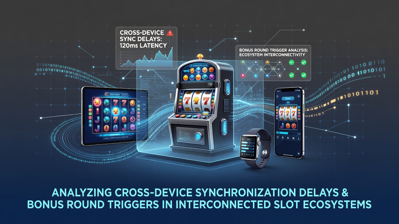 Network diagram showing slot game servers connected across mobile and desktop devices with highlighted delay points