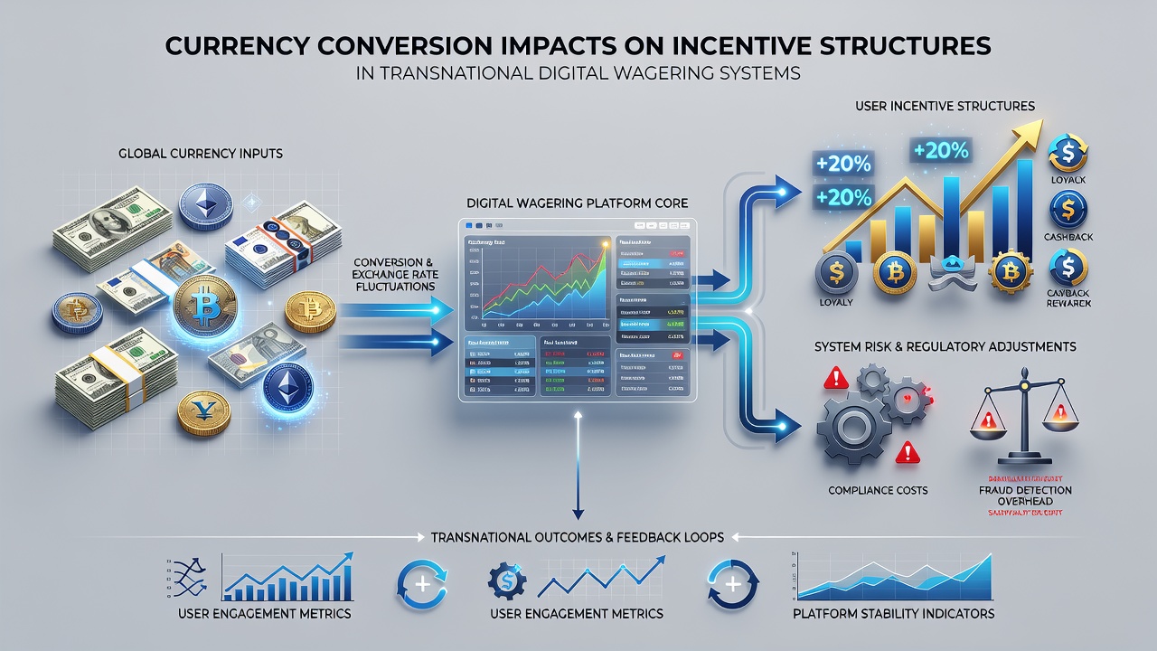 Global digital wagering dashboard displaying real-time currency conversion effects on player incentive tiers and bonus pools