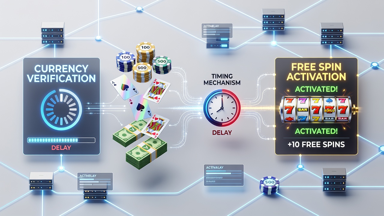Diagram showing currency verification workflow in online card gaming networks with highlighted delay points