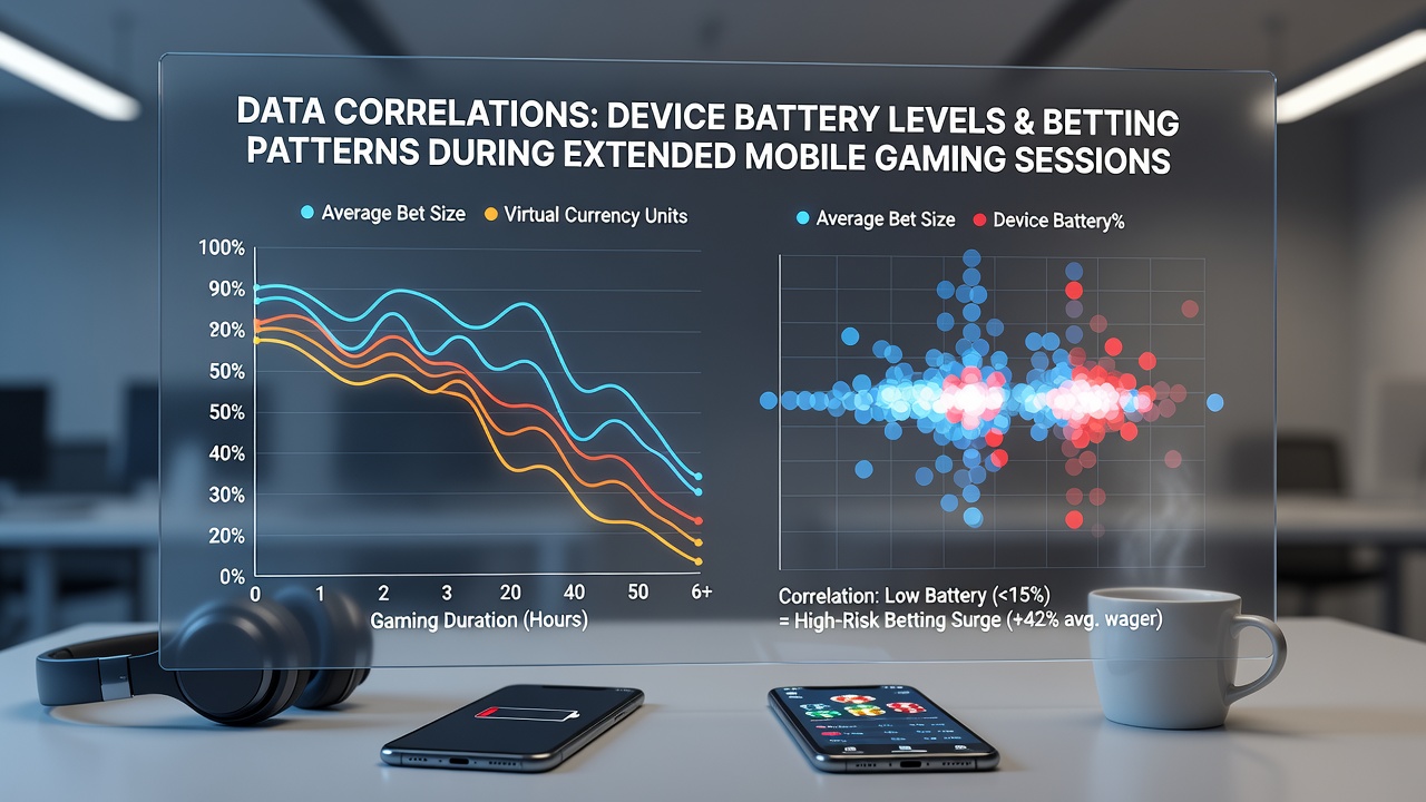 Graph overlay on mobile screen displaying battery percentage decline next to increasing bet size metrics during a prolonged gaming session