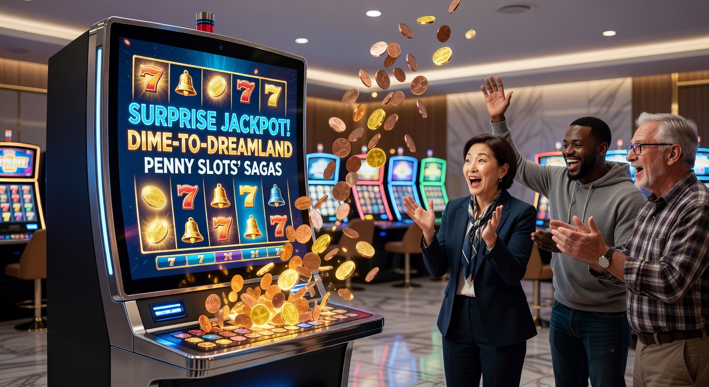 Vibrant penny slot machine lighting up with jackpot symbols, coins spilling out in a casino glow