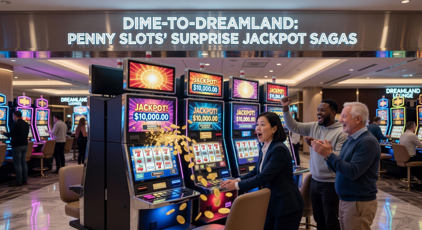 Excited casino player celebrating a massive penny slot jackpot win, confetti and lights in the background