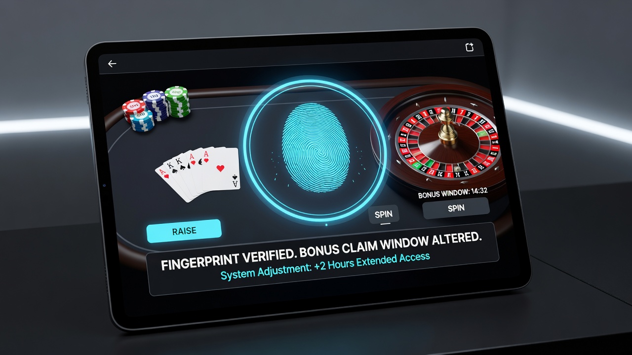 Close-up of fingerprint sensor on smartphone during an active roulette game with bonus notification visible