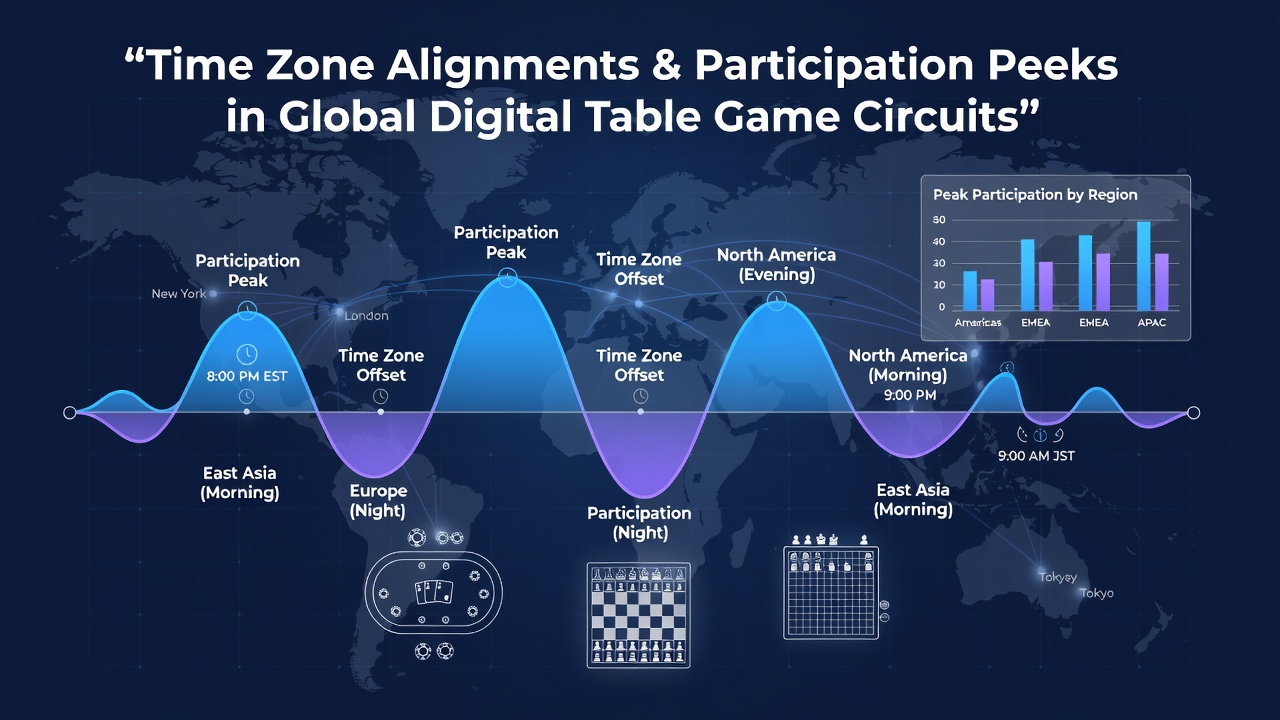 Global digital table game networks showing synchronized player activity across multiple time zones during evening hours in key regions