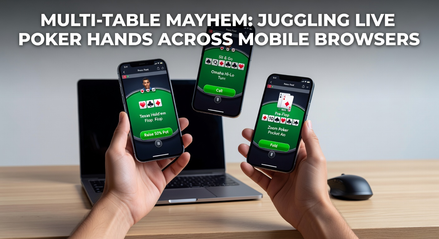 Mobile phone screen displaying multiple live poker tables open in a browser, with cards and chips visible across split views
