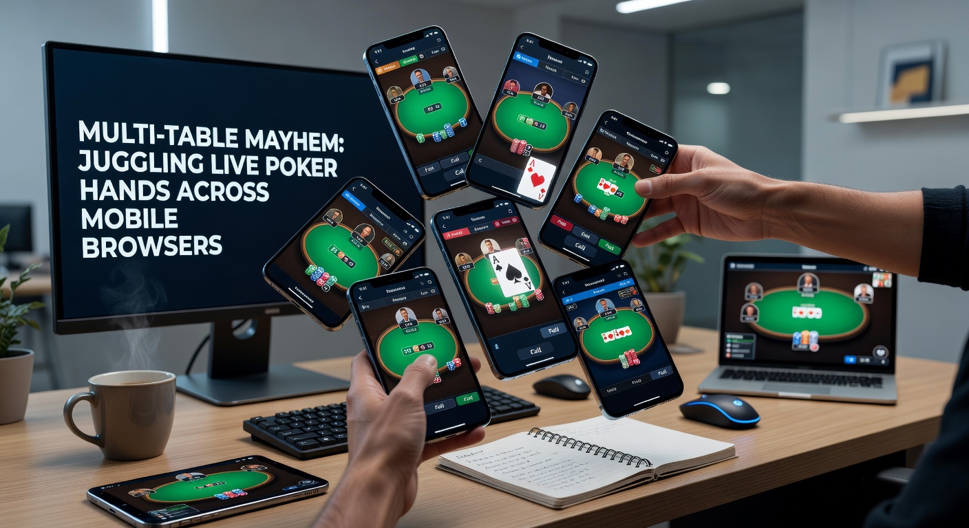 Close-up of a hand holding a smartphone with several poker tables tiled across the browser interface, showing live bets and dealer cams