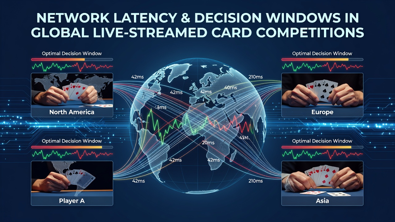 Global network infrastructure showing latency paths between card competition servers and players across continents