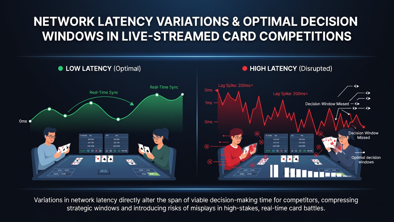 Live-streamed card tournament interface displaying latency metrics and adjusted decision timers for international players