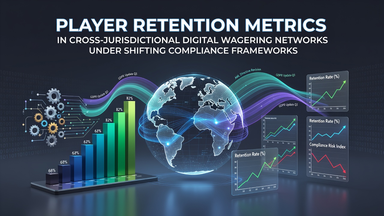 Analytics dashboard displaying player retention metrics across multiple international wagering platforms with compliance indicators highlighted