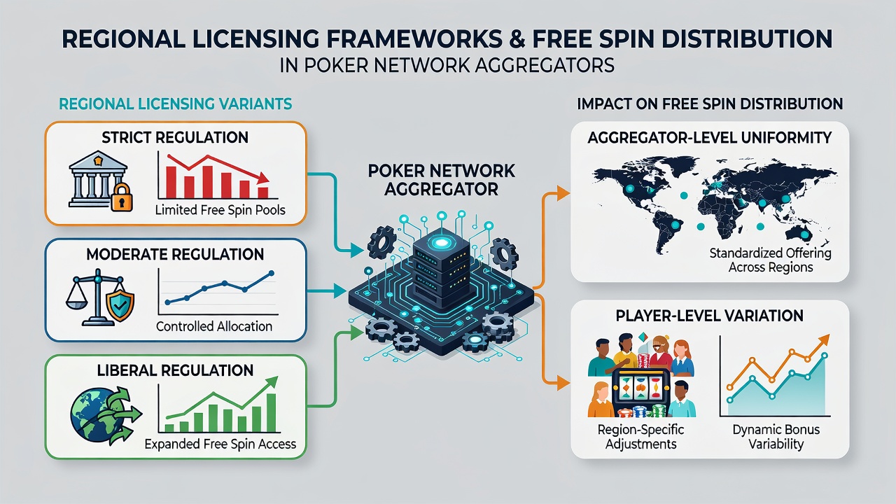 Network map illustrating how licensing zones alter free spin access for aggregated poker players