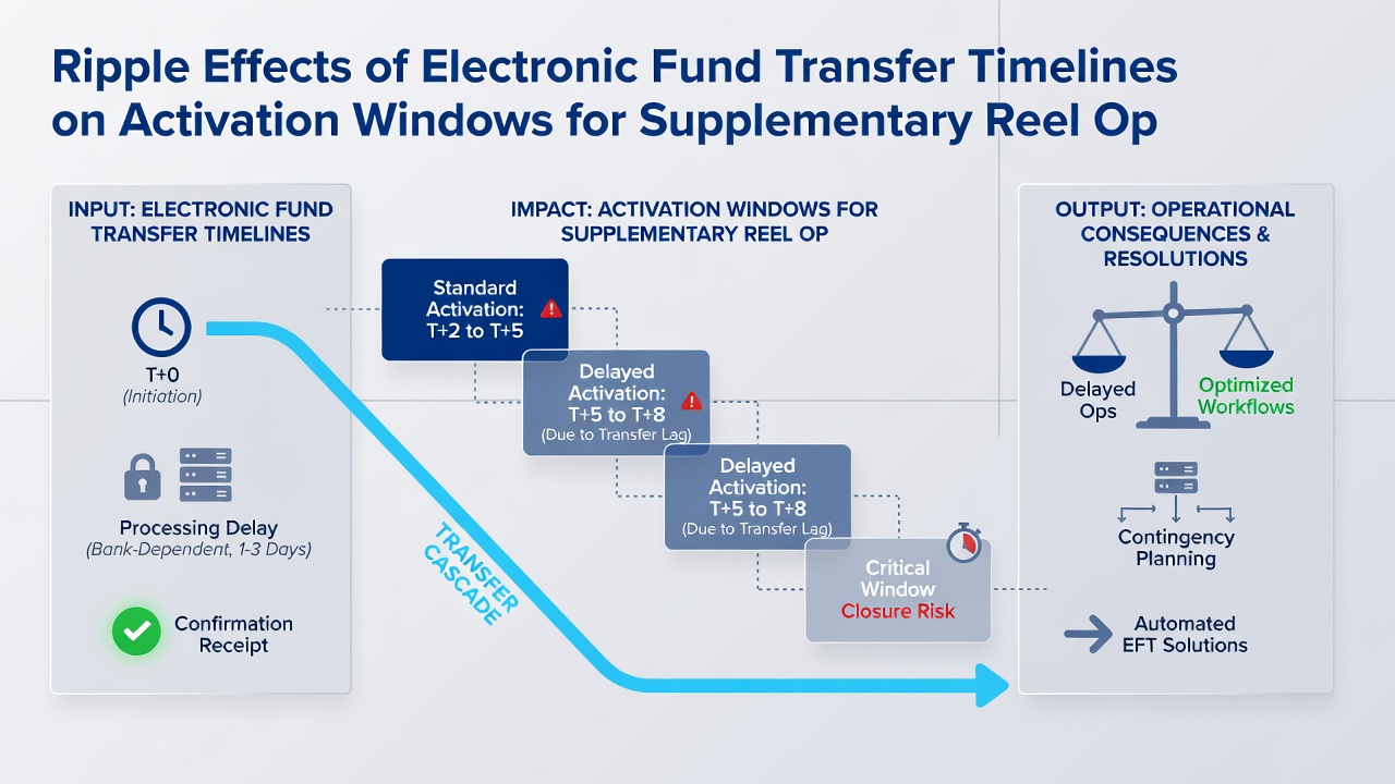 Timeline graphic illustrating how delayed EFT settlements reduce available hours for bonus reel activations in virtual casino environments