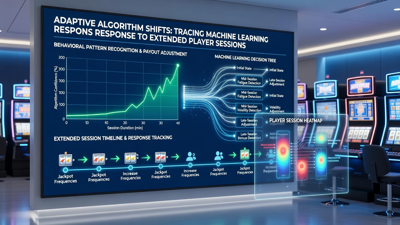 Close-up of gaming machine interface displaying session timer and adaptive feature indicators