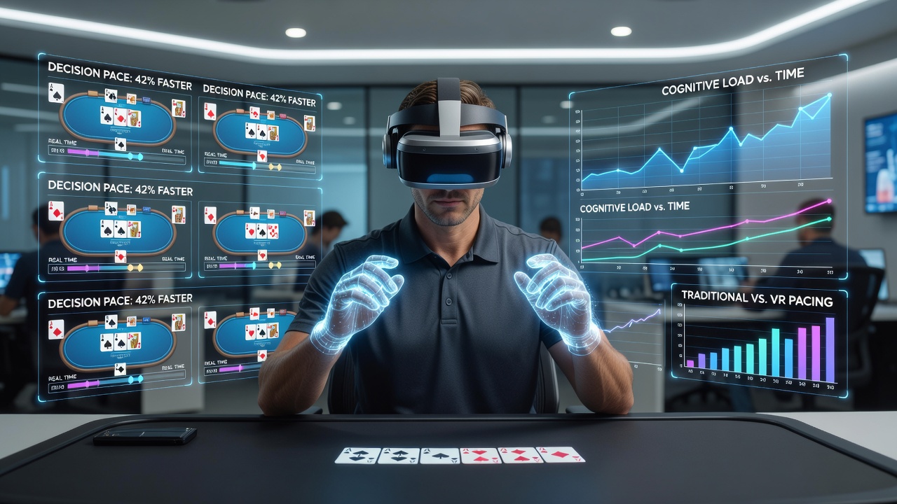 Player wearing VR headset engaged in multi-hand video poker session with virtual cards displayed in immersive 3D environment