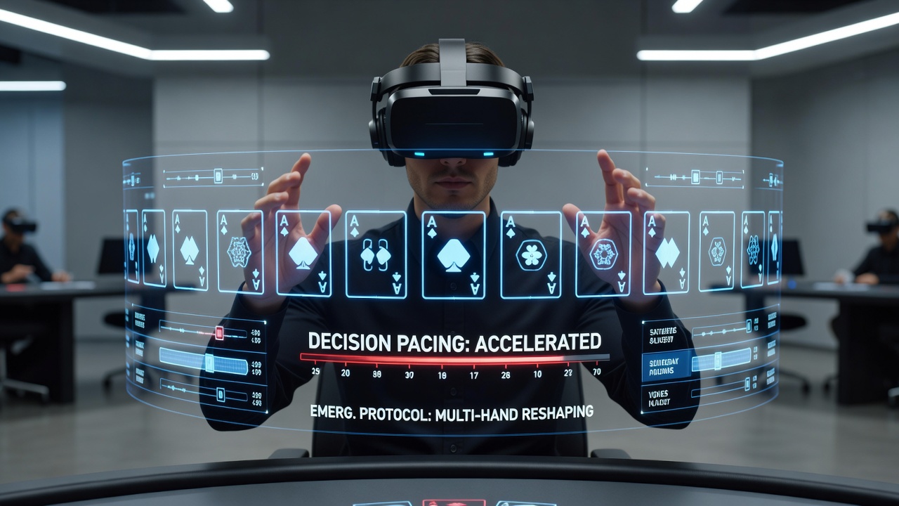 Close-up view of virtual poker table layout in VR showing multiple hands arranged in spatial depth with gesture controls active